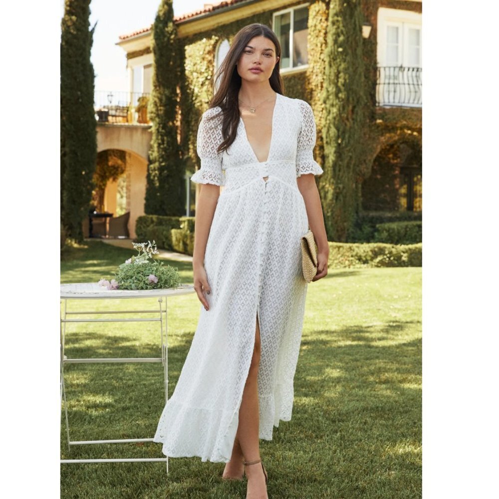 Vici White Ruched Maxi Dress with Puff Sleeves and Plunge Neckline